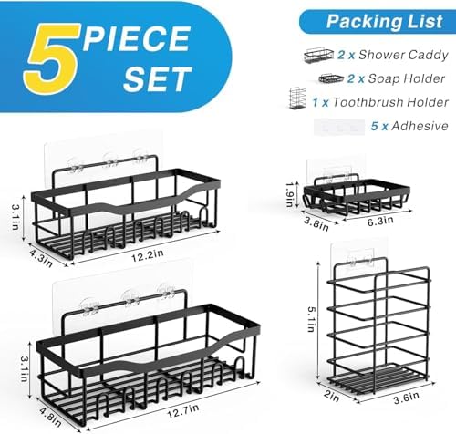 EUDELE 5-Pack Rustproof Stainless Steel Shower Caddy Set– No Drill Adhesive Bathroom Organizer, Space-Saving Shower Shelves for Apartment Essentials, Bathroom/Kitchen Storage Home Decor-L Size - Image 3
