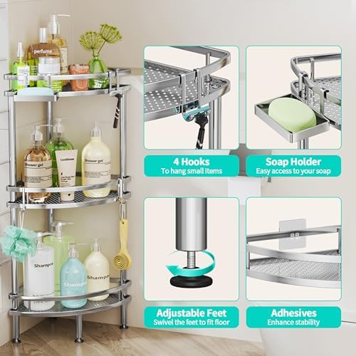 HapiRm Standing Corner Shower Caddy - 3 Tier Shower Organizer Corner with Soap Holder and 4 Hooks, Rustproof Bathroom Storage Shelves with Adhesives, Silver - Image 2