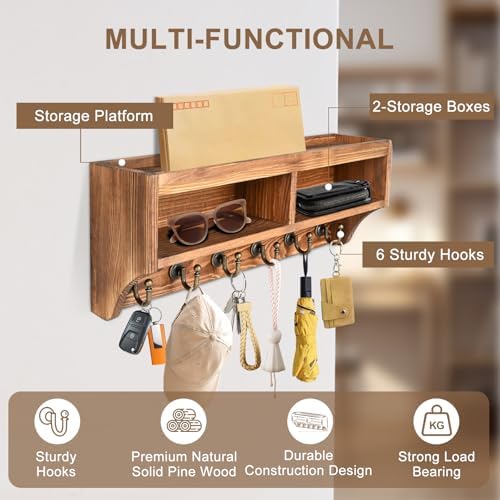 Key Holder Wall Mount with Mail Organizer, 6 Hooks & Shelf, Brown - Image 3
