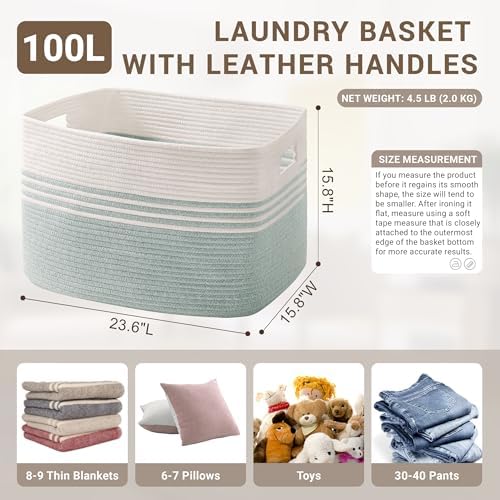 100L Extra Large Woven Laundry Basket Hamper with Handles, Green - Image 2