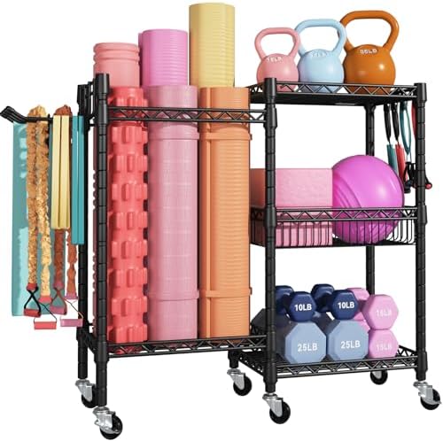 FUTASSI Home Gym Storage, 3 Tiers Workout Equipment Organizer with Wheels for Yoga Mats, Foam Roller, Dumbbells, Kettlebells, and Resistance Bands by FUTASSI