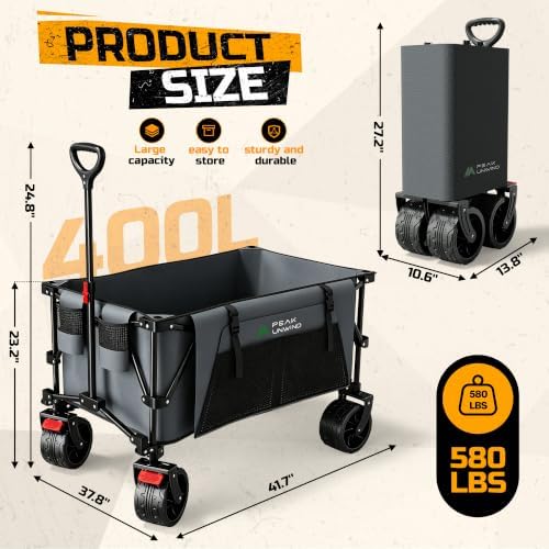 400L Folding Wagon Cart with Brakes & Removable Table, 500lbs Heavy Duty Collapsible Wagon, Big All-Terrain Wheels for Camping, Sports, Grocery, Outdoor - Gray - Image 2