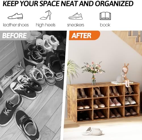 Shoe Storage Bench Cubby with 12 Cubbies, Wood Shoe Rack Organizer Cabinet - Image 6