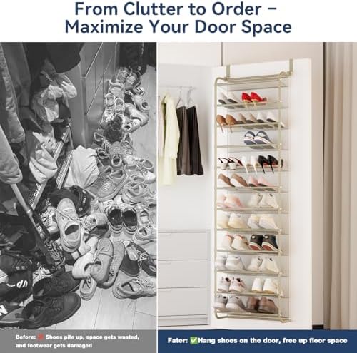 Whitmor 36 Pair Over The Door Shoe Organizer, 12 Tier Hanging Shoe Organizer, Heavy Duty Metal & Mesh Shoe Holder, Hanging Shoe Rack for Closet Organizer & Storage, 74" L x 21.7" W x 7.5" H, Oat - Image 6