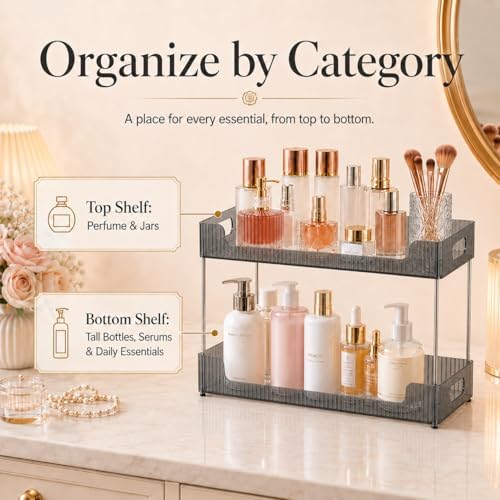 Goderewild 2 Tier Bathroom Counter Organizer, Multi-Purpose Cosmetics Skincare Shelf, Makeup Organizer for Vanity Tray, Countertop Storage Solution for Kitchen and Bath. (Smoky Gray) - Image 3