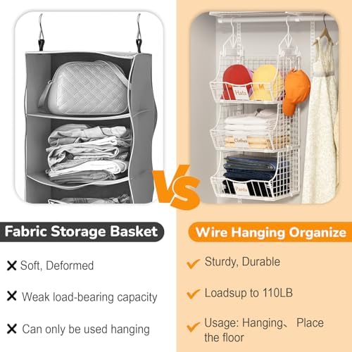 Hanging Closet Organizers and Storage, 3 Tier Closet Shelf Clothes Organizer with 2 S-Hooks, Multi-Functional Iron Wire Baskets, for Clothing, Sweaters, Handbags, Hat, Canned - Image 6