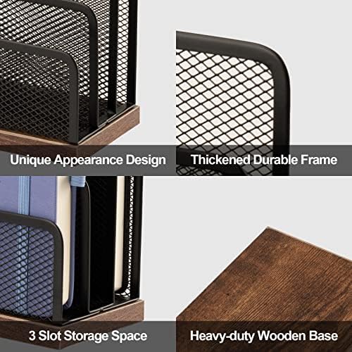 Wooden Desk Mail Organizer, Desktop File Organizer Metal Mesh with 3 Vertical Upright Compartments, Mail Sorter Letter Organizer Rack for Letters, Postcards, Brochures, Mail Holder (2 Pack Black) - Image 3