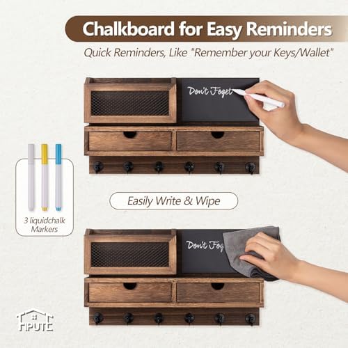 Key Holder for Wall, Key and Mail Holder for Wall with Storage Drawer, Entryway Rustic Home Decor, 3 Liquid Chalks & Chalkboard, 15.98”W x 9.1”H x 3.3”D, Brown - Image 5