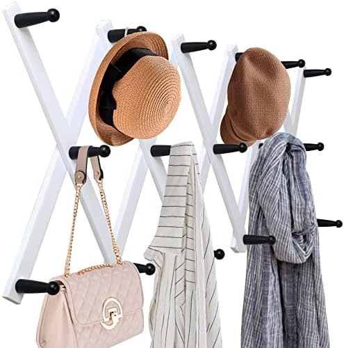 WEBI Accordion Wall Hanger,Expandable Wooden Hat Rack for Wall Mounted Coat Rack,Accordion Hat Hooks Holder for Baseball Caps,17 Peg Hooks,Black on White by WEBI