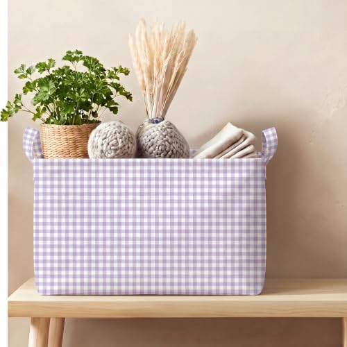 Hushee Purple Gingham Basket Checkered Storage Collapsible Bin with Handles - Image 6