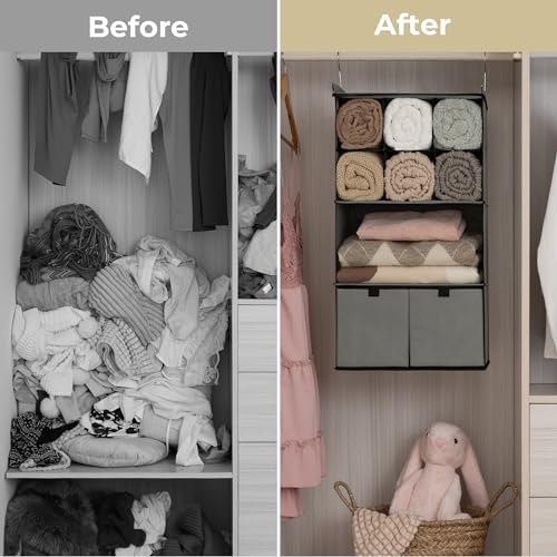 GRANNY SAYS 4-Shelf Hanging Closet Organizer with Drawer, Foldable Storage | Dividers Closet Hanging Organizer, No-Sag Support, Keeps Clothes Neat, Folds Flat, Fits RV, Dorm & Small Closets, Grey - Image 7