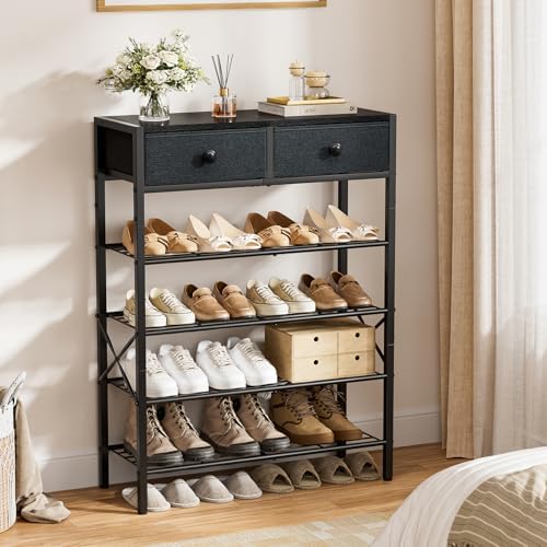 5 Tier Shoe Rack with 2 Drawers, 16-20 Pairs Black Grey - Image 2