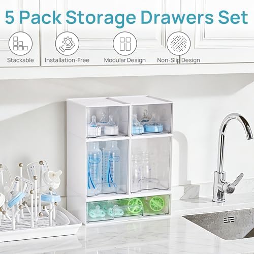 Vtopmart Stackable Storage Drawers Set of 5, Baby Bottle Organizer, White - Image 4
