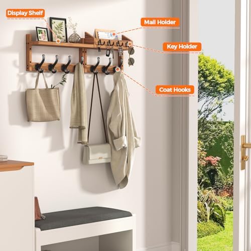 Evermagin 29" Coat Rack Wall Mount with Shelf & 11 Hooks, Entryway, Brown - Image 4