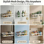 PUSDON 2-Pack Minimalist Shower Caddy Wall Mount, Open Frame Bathroom Shelf Organizer with Mesh Base, Rustproof Floating Spice Rack for Kitchen, Holds 50 LBS, 4 Hooks - White, Guardrail - Image 4