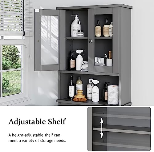 Over the Toilet Storage Cabinet, Bathroom Storage Cabinet Over Toilet, Space Saver with 2 Tempered Glass Doors, Grey - Image 4