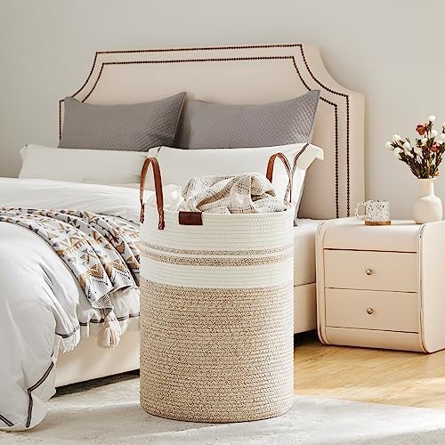 VIPOSCO 100L Tall Woven Rope Laundry Hamper, Leather Handles, Brown & White - Image 4