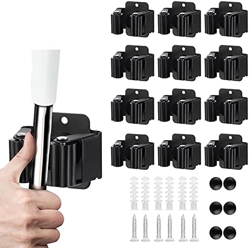 JAMEND CLXP 12PCS Broom and Mop Holder, Heavy Duty Garden Tool Organizer Rack Rake and Shovel Handle, Stainless Steel Mop Hanger. Wall Mounted with Screws.Matte Black by JAMEND+CLXP
