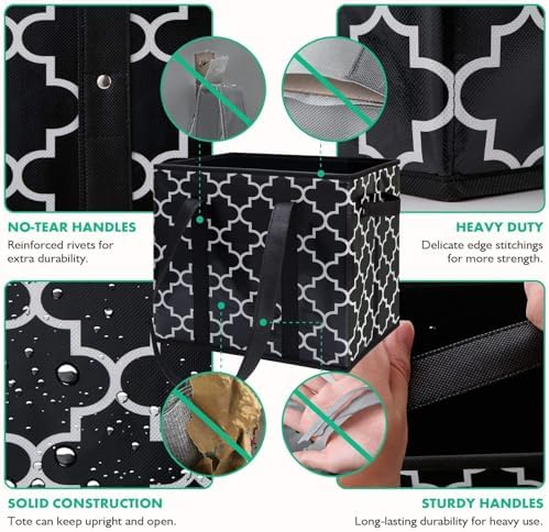 WISELIFE Reusable Grocery Bags 3-Pack Foldable Washable Large Storage Bins Basket Water Resistant Shopping Tote Bag Black - Image 6