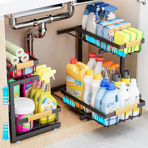 ADBIU Under Sink Organizer, 2 Pack 2 Tier Expandable Height (13.2" - 17.2") Pull out Kitchen Bathroom Cabinet Organizers and Storage Shelf by ADBIU