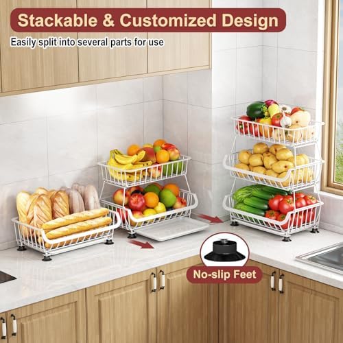 3-Tier Rolling Pantry Cart with Wheels, Stackable Wire Storage Floor Organizer for Kitchen Pantry Snack Shelves, Fruit Basket Stand, Vegetable Storage Rack for Food Snacks Onion Potato, White - Image 7
