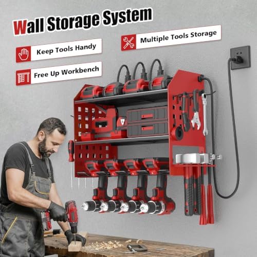 SUNALLY Power Tool Organizer Wall Mount with Charging Station,3 Layer, Red - Image 7