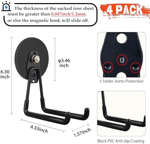 ULIBERMAGNET Strong Magnetic Hooks,Large Magnet with Hooks for Heavy Duty Tools,Jig Saw,Hose, 4 Pack Heavy Duty Magnetic Hooks for Hammer Drill,Circular Saw,Garden Tool(3.46inch/Black) - Image 2