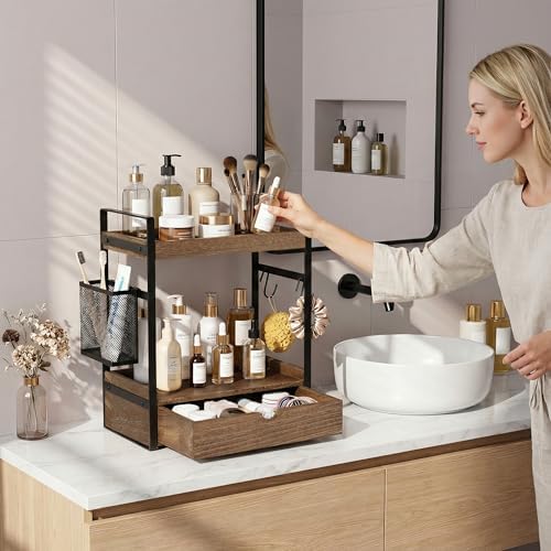 2-Tier Bathroom Counter Organizer with Drawer Basket and Hooks, Wood Bathroom Organizers and Storage for countertop, Farmhouse Dark Brown Countertop Organizer, Counter Shelf for Vanity Kitchen Office - Image 4