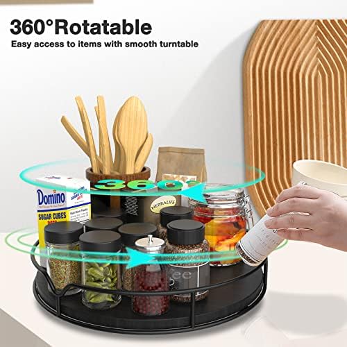 Lazy Susan Turntable Organizer with Anti-Slip Mat for Cabinet Pantry Kitchen Countertop Refrigerator Office, Pine Wood, 10", Black - Image 6