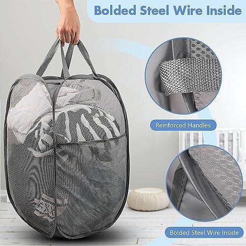 Pop Up Laundry Hamper, 70 L Collapsible Mesh Basket with Side Pocket, Gray - Image 3