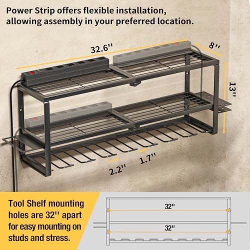YYR Heavy Duty Power Tool Organizer with Charging Station, Cordless Drill Hanger Storage Rack, Battery Tools Holder Wall Mount Shelf for Garage - 32 Inch Equipped with Surge Protection Power Strip - Image 3
