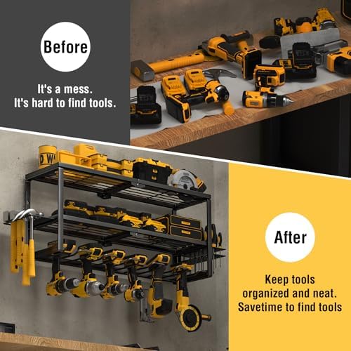 YYR Heavy Duty Power Tool Organizer Wall Mount, Cordless Drill Hanger Storage Rack, Battery Tools Holder with Charging Station Shelf for Garage Organization, Workshop, Pegboard, Shed - 24 Inch 6 Slots - Image 4