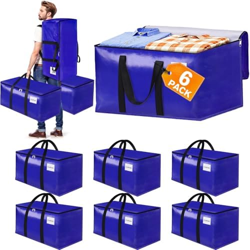 FabSpace 6-Pack Moving Bags with Backpack Straps & Carry Handles, 20 Gallons-76 L Heavy Duty Storage Totes for Space Saving, Foldable Storage Bags for College Dorm, Travel, Camping (Blue) by Fabspace