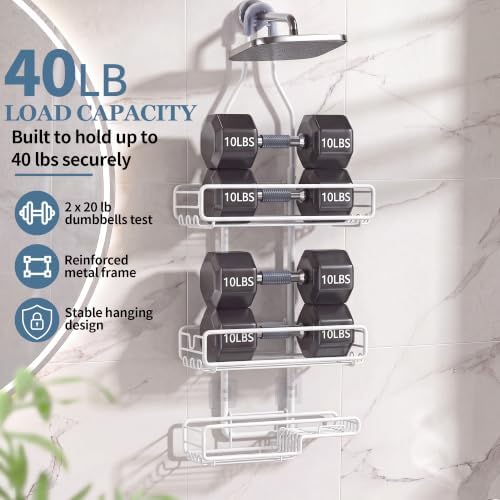 Skyapex Shower Caddy Hanging Bathroom Organizer: Over Head Adjustable Rack for Tall Showerhead - Extra Large Storage Shelf for Big Shampoo Bottles with Soap Holder (White) - Image 4