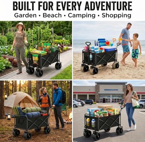 250LB Collapsible Wagon Cart, Foldable Garden Cart, Black - Image 4
