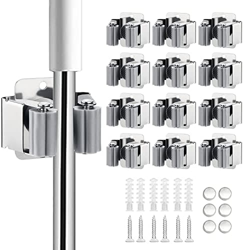 JAMEND CLXP 12PCS Broom and Mop Holder, Heavy Duty Garden Tool Organizer Rack Rake and Shovel Handle, Stainless Steel Mop Hanger. Wall Mounted Utility Rack with Screws, Silver. by JAMEND+CLXP