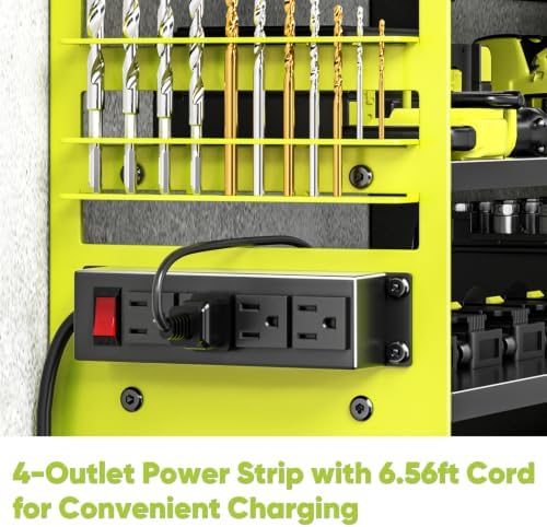 POKIPO Upgrade Power Tool Organizer Wall Mount with Charging Station,4 Layer Heavy Duty Metal Storage Rack Loads 600lbs with 8 Cordless Drill Holder,4 Outlet Power Strip Battery Utility Rack for Man - Image 3