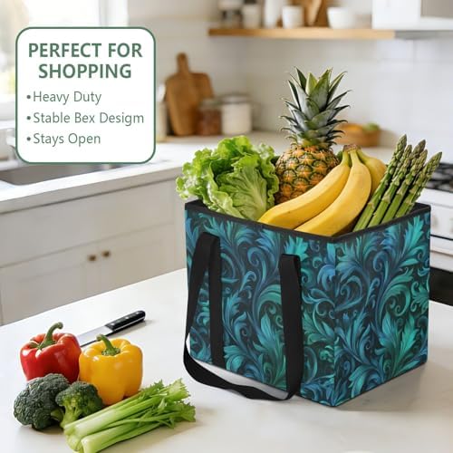 Trunk Organizer Collapsible Car Organizer with Handle Car Storage Box Bin for Groceries SUV Utility Tote Bag Portable Vehicle Container Teal and Black Damask - Image 5