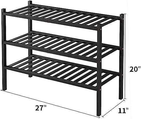 ROMGUAR CRAFT 3 Tier Bamboo Shoe Rack for Closet Free Standing Wood Shoe Shelf Storage Organizer for Entryway Small Space Stackable 27"x11"x20" (Black) - Image 3