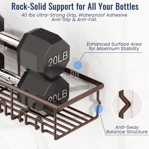 8 Pack Adhesive Rustproof Shower Caddy with Soap Dishes, Toothbrush Holder & Hooks, Large Capacity No-Drilling Shower Shelves Rack for Bathroom Organizers and Storage Accessories, Brown - Image 4