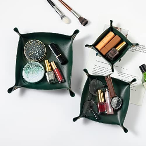 3 packs PU Leather Tray in 3 Sizes Jewelry Tray Glossy Leather Desk Organizer Leather Catchall Tray for Jewelry/Key/Coin/Sun Glasses/Watch/USB Cables etc. (blackish green) - Image 2