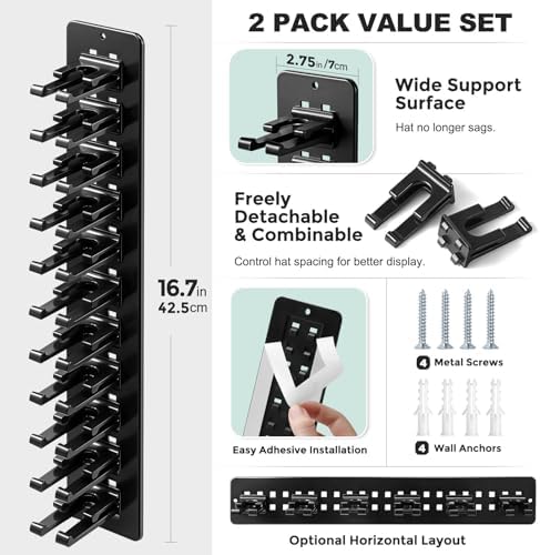 2 Pack Hat Organizer for Baseball Caps,Detachable DIY Hat Rack for Wall Hold Up to 22 Hats,Baseball Cap Organizer Cap Holder Hat Hangers for Wall Closet Door Bedroom (1A-Black) - Image 2