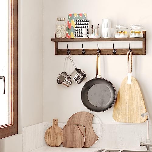 AMBIRD 28.9 Inch Length Shelf with Hooks Entryway Coat Rack Wall Mount Wood Coat Hooks with Shelf Wall-Mounted Coat Hook Rack with 5 Dual Hooks for Bathroom, Living Room, Bedroom (Brown) - Image 5