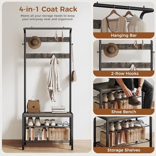 NEWBULIG Coat Rack, Hall Tree with Shoe Bench, 4-in-1 Entryway Organizer with 10 Hooks and Storage Shelf, Rustic Wood Entryway Bench for Mudroom, Living Room, Bedroom, Grey - Image 4