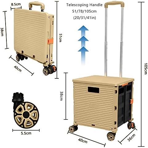 Folding Rolling Utility Cart,Wear-Resistant Noiseless Shopping Trolley Carts with Wheels for Grocery,Portable Crate Storage Tool Box with Lid Used as a Seat for Moving Office Use/Travel/Picnic/Books - Image 5
