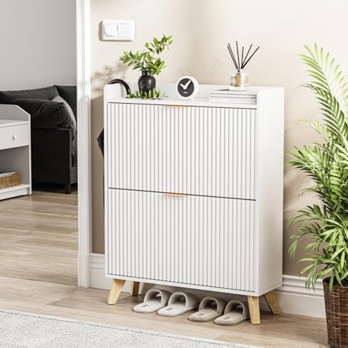 Slim Shoe Storage Cabinet for Entryway, 2 Flip Drawers Wooden Organizer with Fluted Panel, Secure Fence Top for Plants & Decor, Hidden Shoe Storage for Hallway & Foyer (White) - Image 6