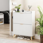Slim Shoe Storage Cabinet for Entryway, 2 Flip Drawers Wooden Organizer with Fluted Panel, Secure Fence Top for Plants & Decor, Hidden Shoe Storage for Hallway & Foyer (White) - Image 6