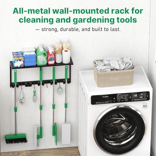 CCCEI Broom and Mop Wall Mount with Shelf, Laundry Room Cleaning Tools Organization Hanging Rack with Hooks, Bathroom, Garage, Garden Organizers and Storage. All Metal, Black, 1 Pack. - Image 2