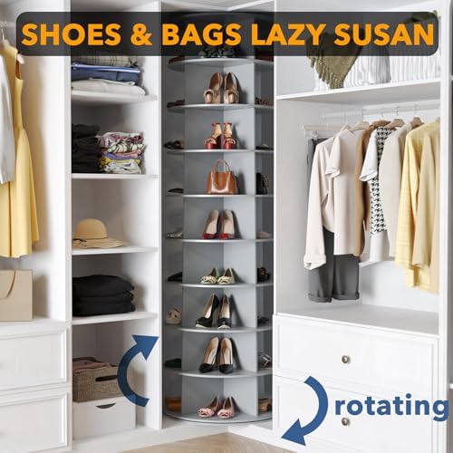 SpaceAid 9 Tier Rotating Shoe Rack Tower, Spinning Shoe Display Lazy Susan, Revolving 360 Shoe Rack Storage Round Carousel, Vertical Handbag Rotate Shoes Closet Organization (9-Tier Gray) - Image 4