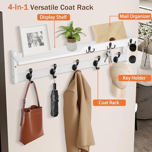 29'' Coat Rack Wall Mount with Shelf, Coat Hanger Wall Mount with Key Hooks and Mail Holder, Wood Entryway Floating Shelf with Hooks and Storage, Hat Rack for Wall Key Holder Mail Organizer - Image 2